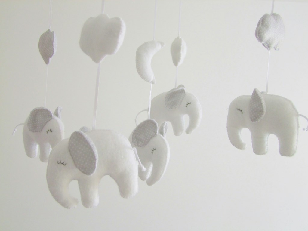 Baby Crib Mobile Sleeping Elephant White & Grey Baby Mobile Handmade Baby Mobile Felt on Luulla